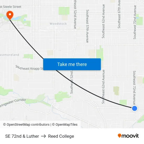 SE 72nd & Luther to Reed College map