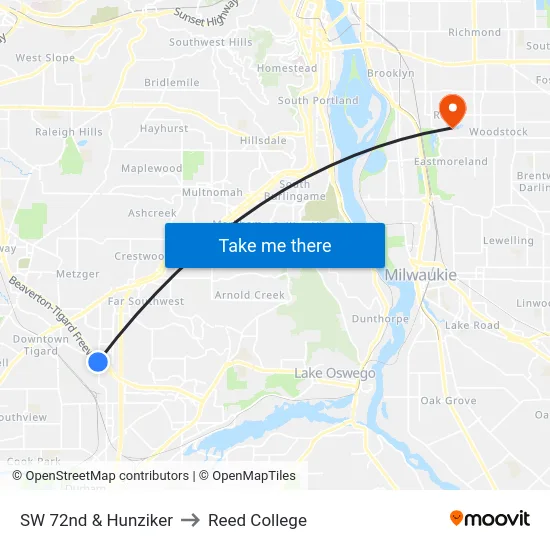SW 72nd & Hunziker to Reed College map