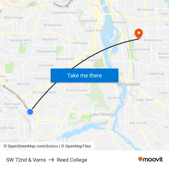 SW 72nd & Varns to Reed College map