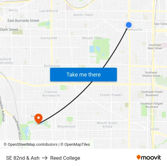 SE 82nd & Ash to Reed College map