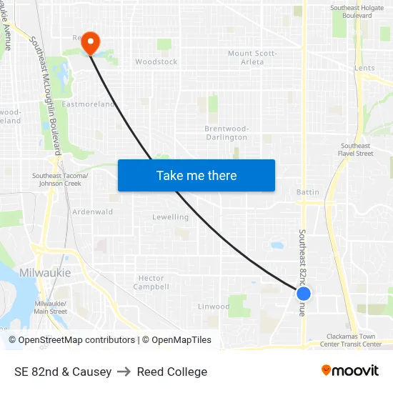 SE 82nd & Causey to Reed College map