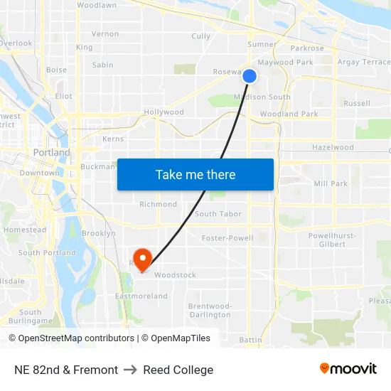 NE 82nd & Fremont to Reed College map