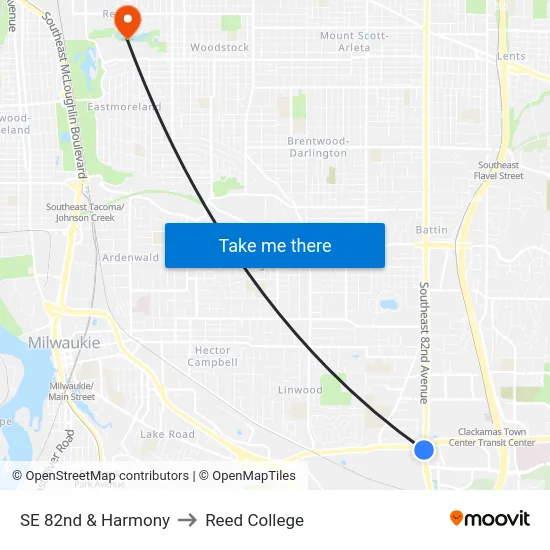 SE 82nd & Harmony to Reed College map