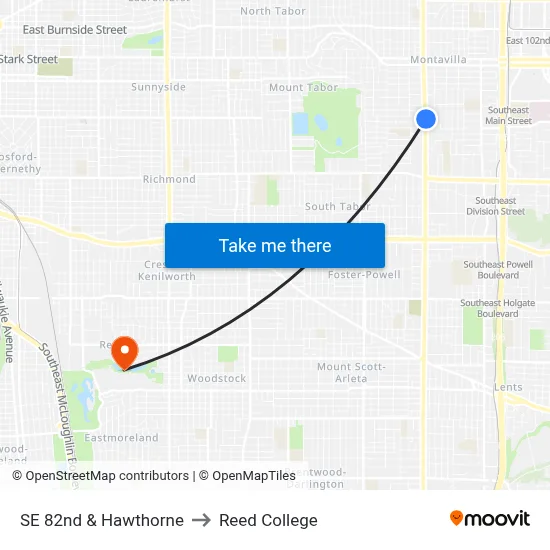 SE 82nd & Hawthorne to Reed College map