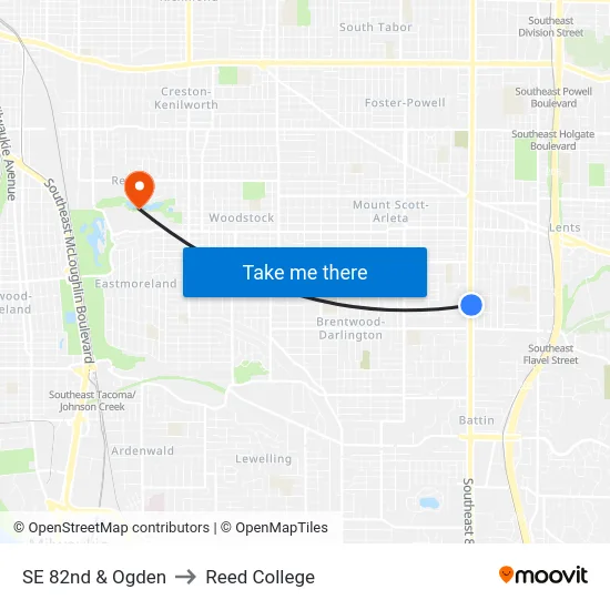 SE 82nd & Ogden to Reed College map
