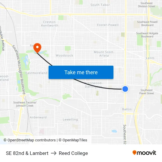 SE 82nd & Lambert to Reed College map
