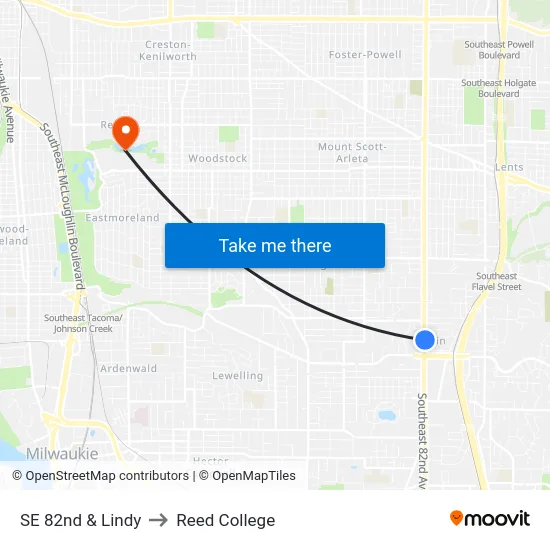 SE 82nd & Lindy to Reed College map