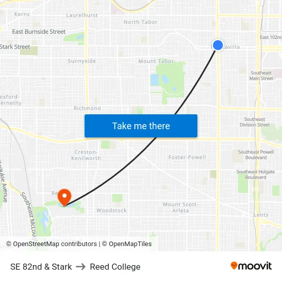 SE 82nd & Stark to Reed College map