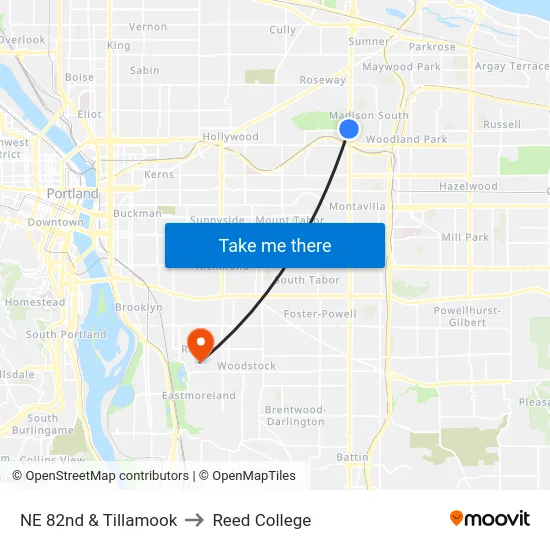 NE 82nd & Tillamook to Reed College map