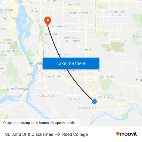 SE 82nd Dr & Clackamas to Reed College map