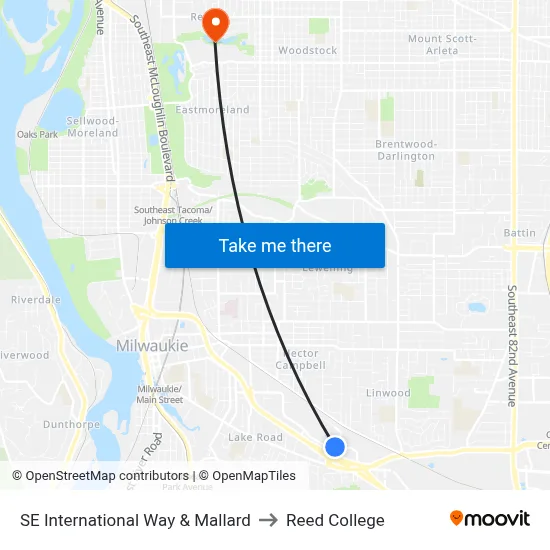 SE International Way & Mallard to Reed College map