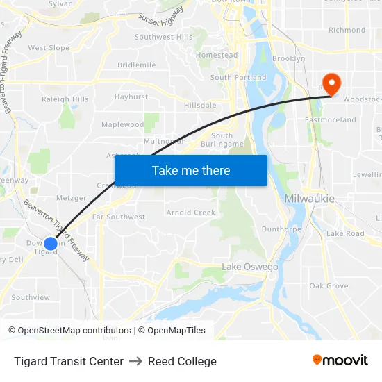 Tigard Transit Center to Reed College map