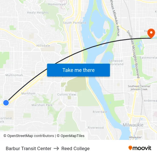 Barbur Transit Center to Reed College map