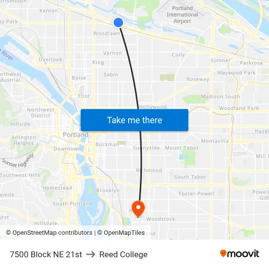 7500 Block NE 21st to Reed College map