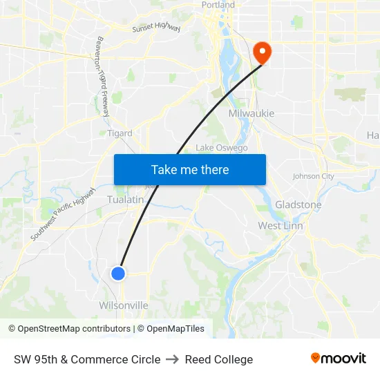 SW 95th & Commerce Circle to Reed College map