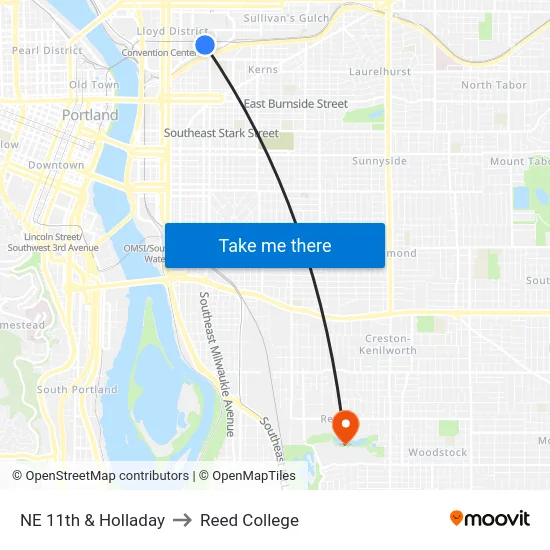 NE 11th & Holladay to Reed College map