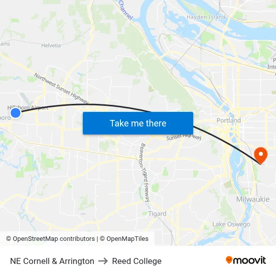 NE Cornell & Arrington to Reed College map