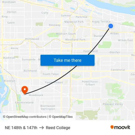 NE 148th & 147th to Reed College map
