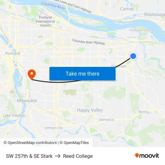 SW 257th & SE Stark to Reed College map
