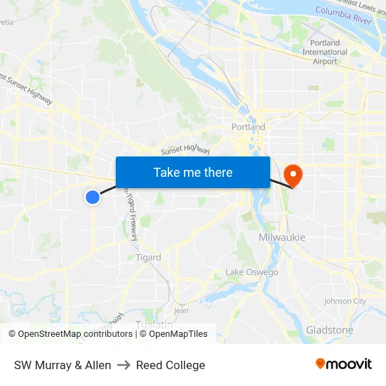 SW Murray & Allen to Reed College map