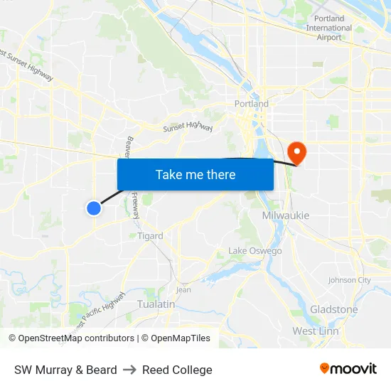 SW Murray & Beard to Reed College map