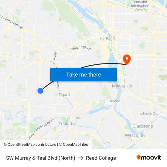 SW Murray & Teal Blvd (North) to Reed College map