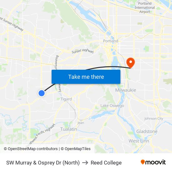 SW Murray & Osprey Dr (North) to Reed College map