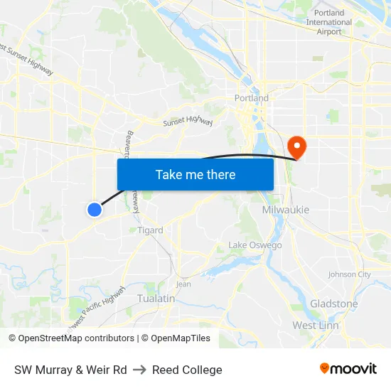 SW Murray & Weir Rd to Reed College map