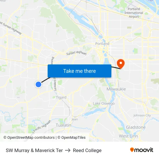SW Murray & Maverick Ter to Reed College map