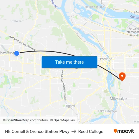 NE Cornell & Orenco Station Pkwy to Reed College map