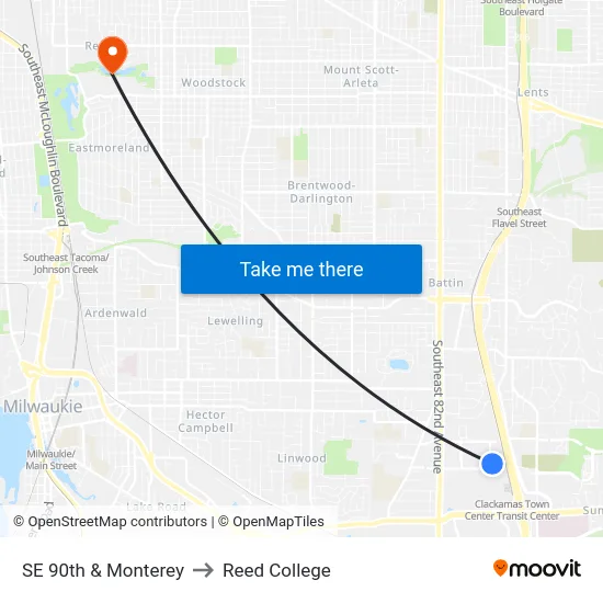 SE 90th & Monterey to Reed College map