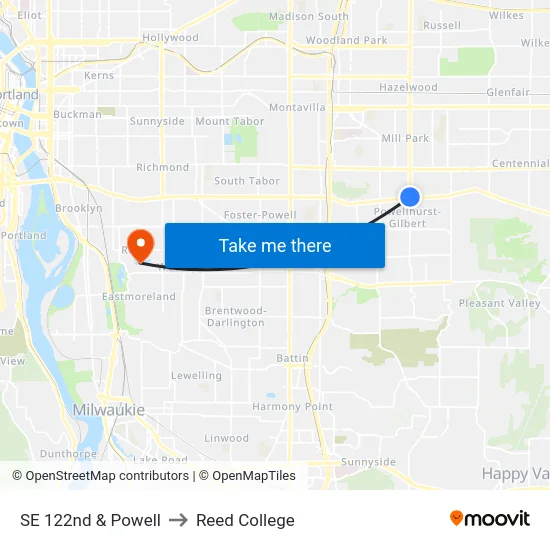 SE 122nd & Powell to Reed College map