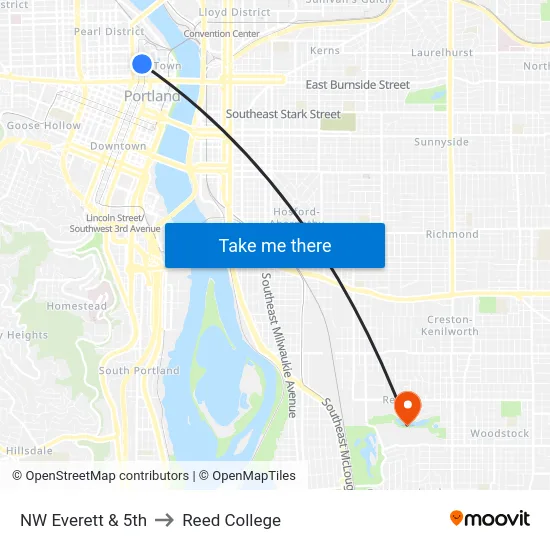 NW Everett & 5th to Reed College map