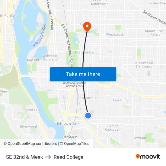 SE 32nd & Meek to Reed College map
