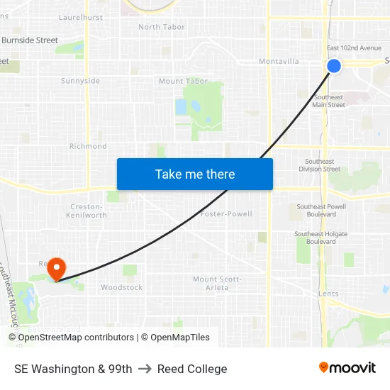 SE Washington & 99th to Reed College map