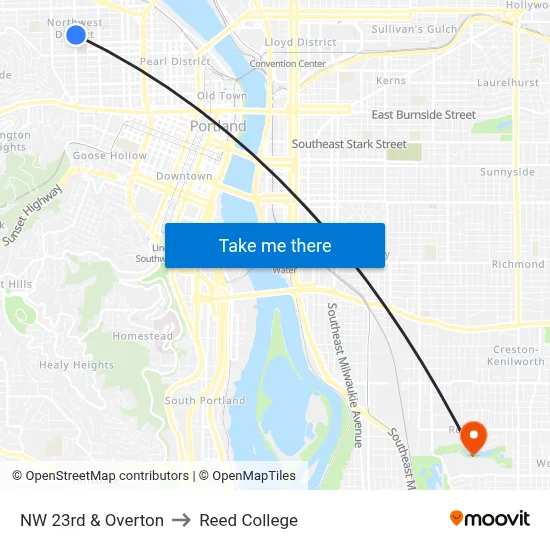 NW 23rd & Overton to Reed College map