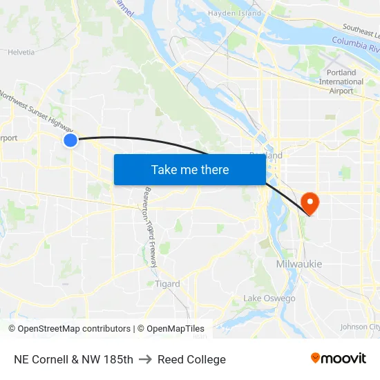 NE Cornell & NW 185th to Reed College map