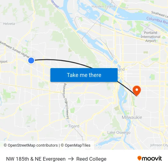 NW 185th & NE Evergreen to Reed College map