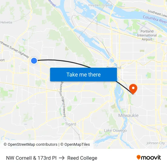 NW Cornell & 173rd Pl to Reed College map