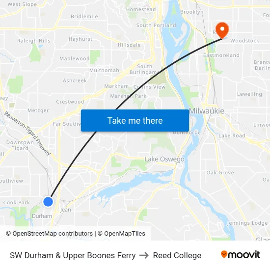 SW Durham & Upper Boones Ferry to Reed College map