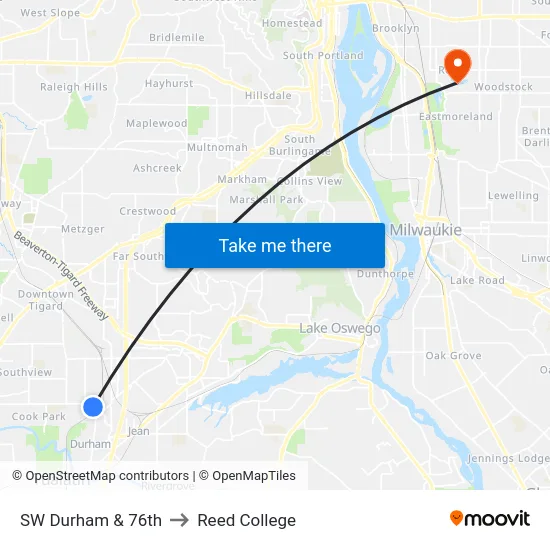 SW Durham & 76th to Reed College map