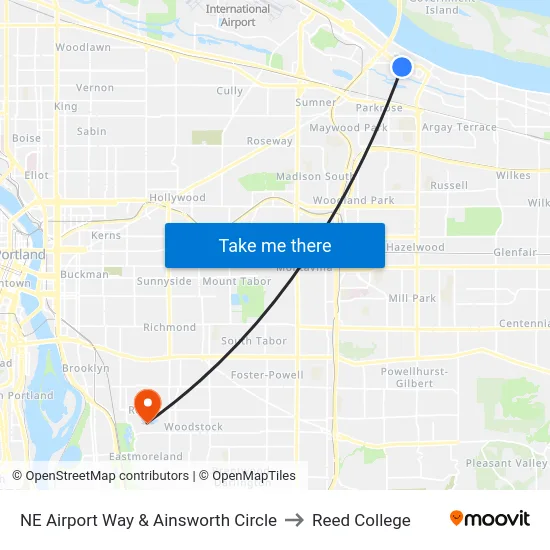 NE Airport Way & Ainsworth Circle to Reed College map