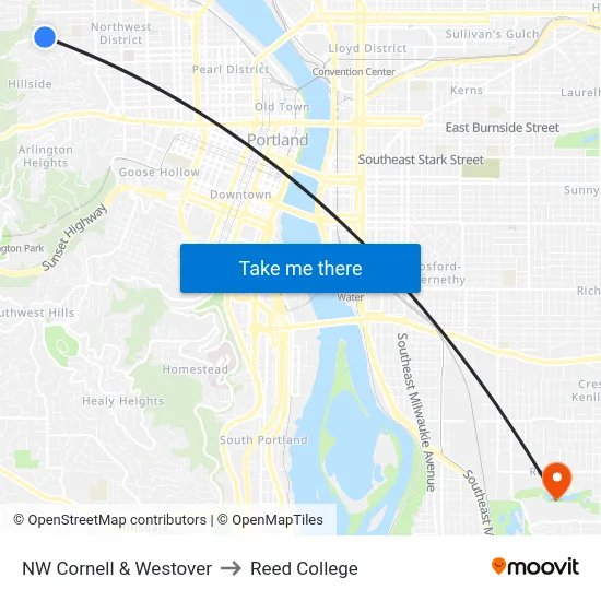 NW Cornell & Westover to Reed College map