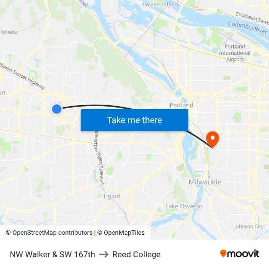 NW Walker & SW 167th to Reed College map
