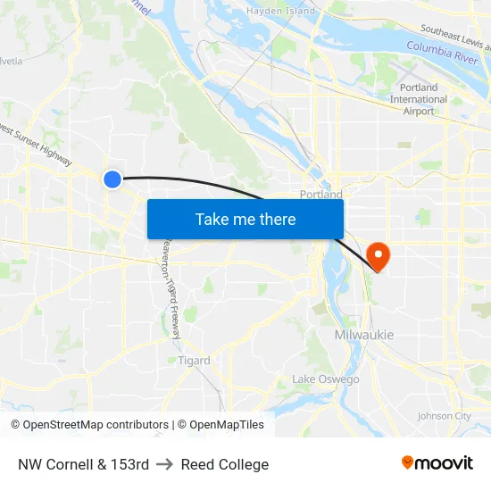 NW Cornell & 153rd to Reed College map