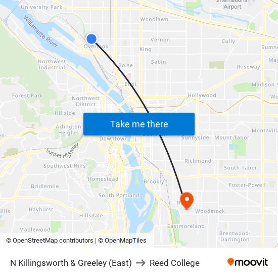 N Killingsworth & Greeley (East) to Reed College map