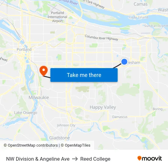 NW Division & Angeline Ave to Reed College map