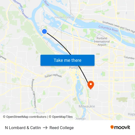 N Lombard & Catlin to Reed College map