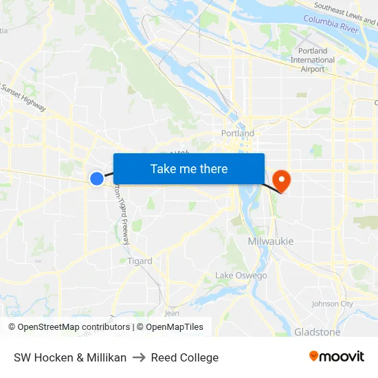 SW Hocken & Millikan to Reed College map