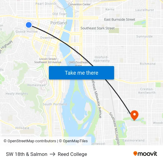 SW 18th & Salmon to Reed College map